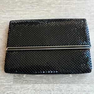 Vintage 1990s Whiting & Davis Black Metal Mesh Clutch 9” Evening Bag